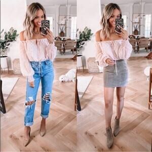 Nordstrom WAYF Pink Off-the-shoulder pink gold bow puff sleeve chiffon top Large